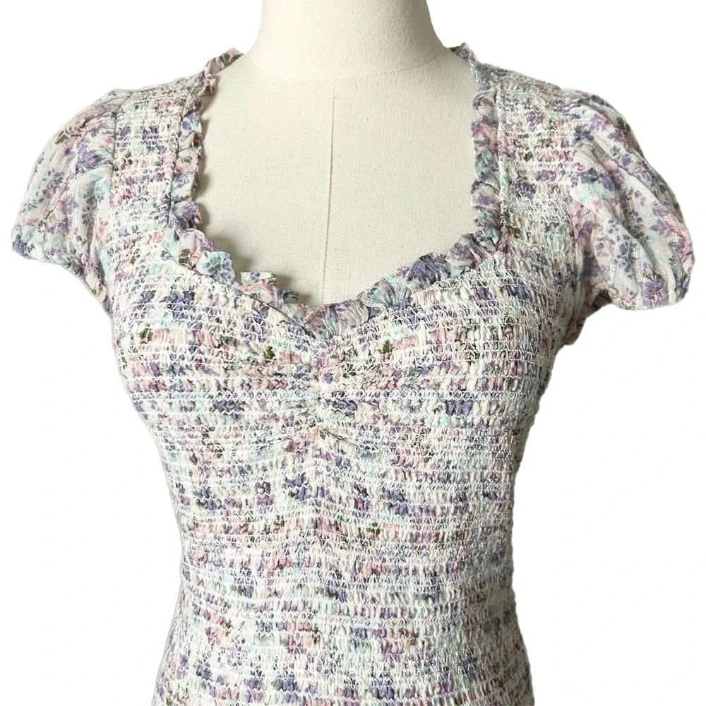 LoveShackFancy Trevor Floral Smocked Mini Dress Purple Blue Cotton Lurex Medium - Picture 3 of 6